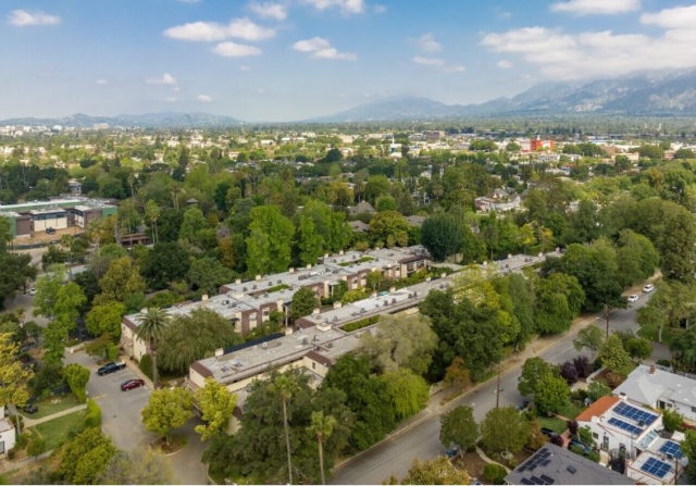 Aerial View of The Oaks of Pasadena — A Lush, Tree-Filled Senior Living Community Voted a Top Facility by L.A. Magazine Aerial photo of The Oaks of Pasadena senior living community, showcasing its green, tree-lined setting and tranquil environment — recognized as a Top Senior Facility in 2024 by L.A. Magazine
