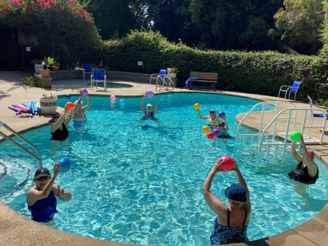Weekly Senior Water Exercise Class at The Oaks of Pasadena in our Heated Pool Residents participating in weekly water exercise class at the heated outdoor pool at The Oaks of Pasadena senior independent living apartments