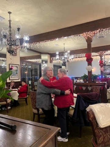 Valentine’s Day Dancing at The Oaks of Pasadena Senior Living Community Residents enjoying a Valentine’s Day dance at The Oaks of Pasadena senior living apartments, featuring live music, decorations, and social engagement