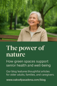 Woman sitting on a bench under trees with a caption: The Power of Nature