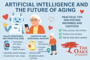 Smiling older adults interact with friendly AI technology like smartwatches, voice assistants, and GPS tools, illustrating how artificial intelligence supports aging.