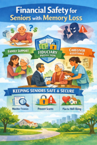 Colorful illustration showing family support, fiduciary protection, and caregiver assistance for seniors with memory loss.