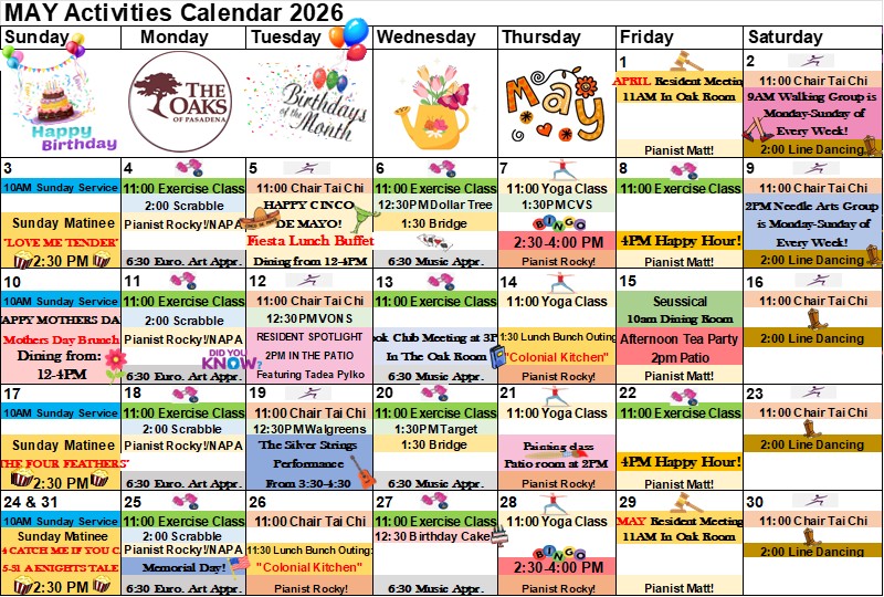 Calendar of Activities - The Oaks of Pasadena - May 2026 March 2026 Activities Calendar for The Oaks of Pasadena showing daily resident programs, fitness classes, social events, outings, and special seasonal celebrations.