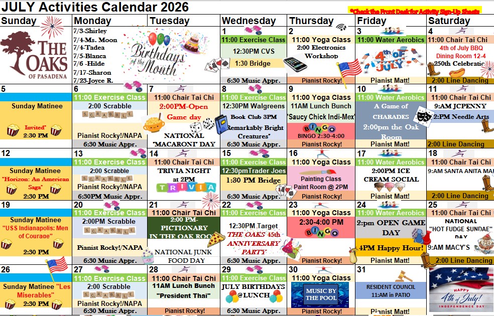 Calendar of Activities - The Oaks of Pasadena - July 2026 March 2026 Activities Calendar for The Oaks of Pasadena showing daily resident programs, fitness classes, social events, outings, and special seasonal celebrations.