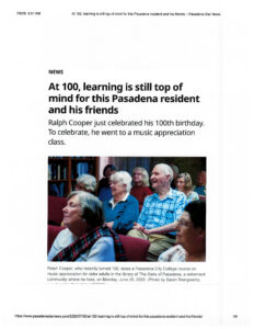 Front page article highlighting Ralph Cooper's 100th birthday at The Oaks of Pasadena