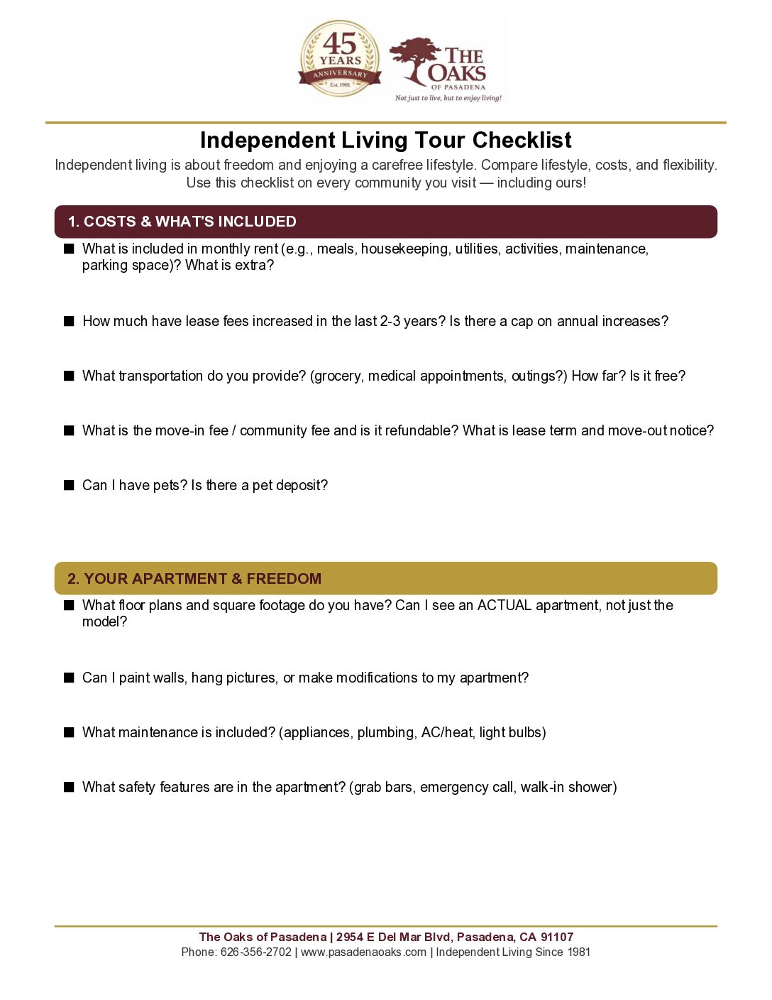 Senior Independent Living Comparison Chart | The Oaks of Pasadena vs. Other Communities