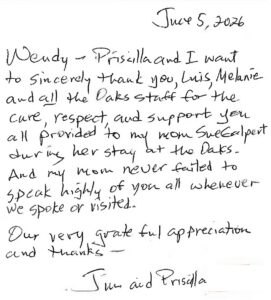 Thank you card from adult children - The Oaks of Pasadena
