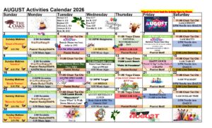 Calendar of events and activities for August, 2026 at The Oaks of Pasadena