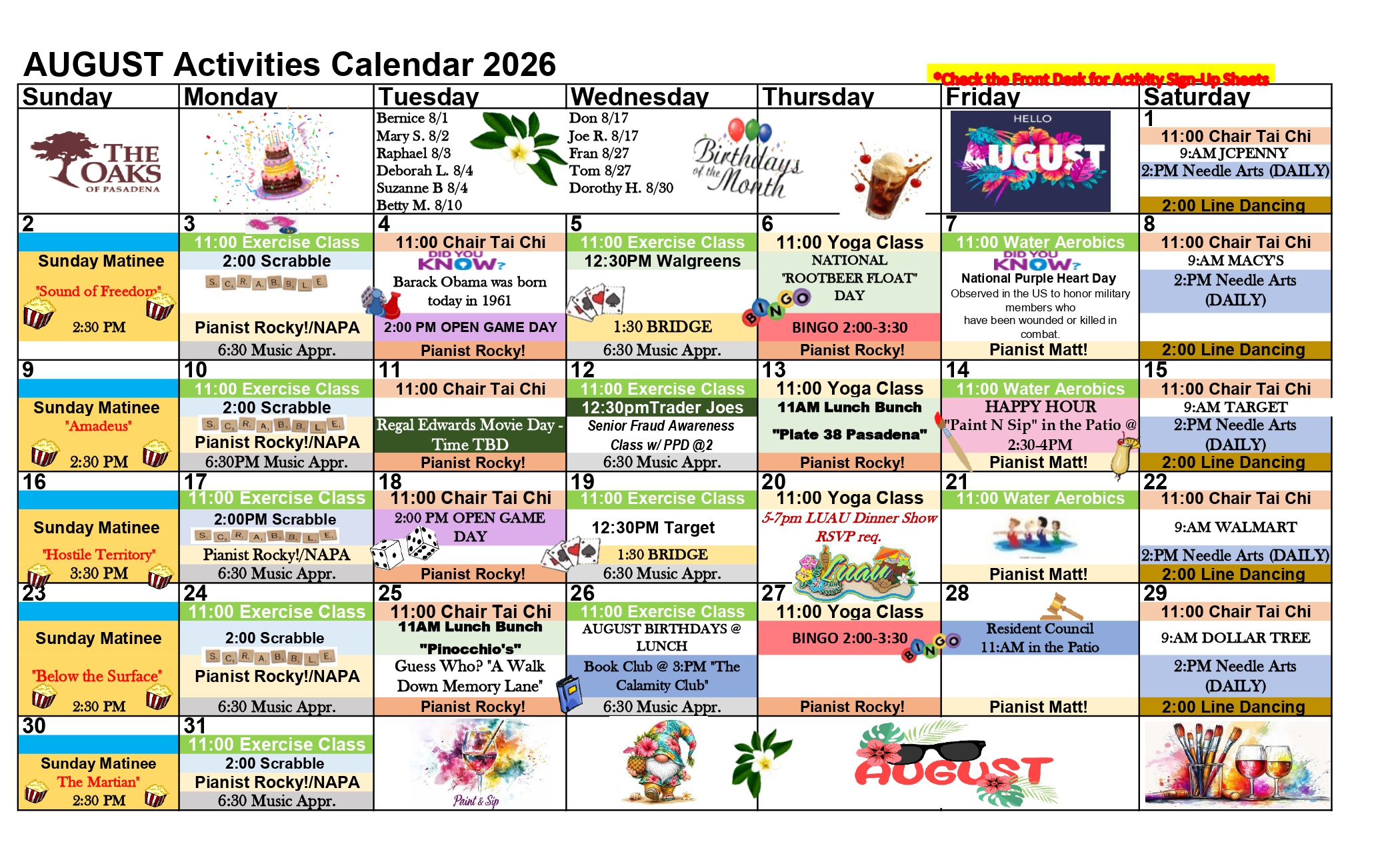 The Oaks of Pasadena Activities Calendar - August 2026 Calendar of events and activities for August, 2026 at The Oaks of Pasadena