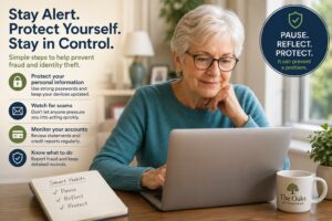 Older woman at The Oaks of Pasadena studying fraud prevention tis