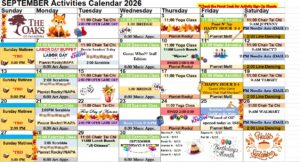 Monthly activities calendar - September - The Oaks of Pasadena Senior Independent Living