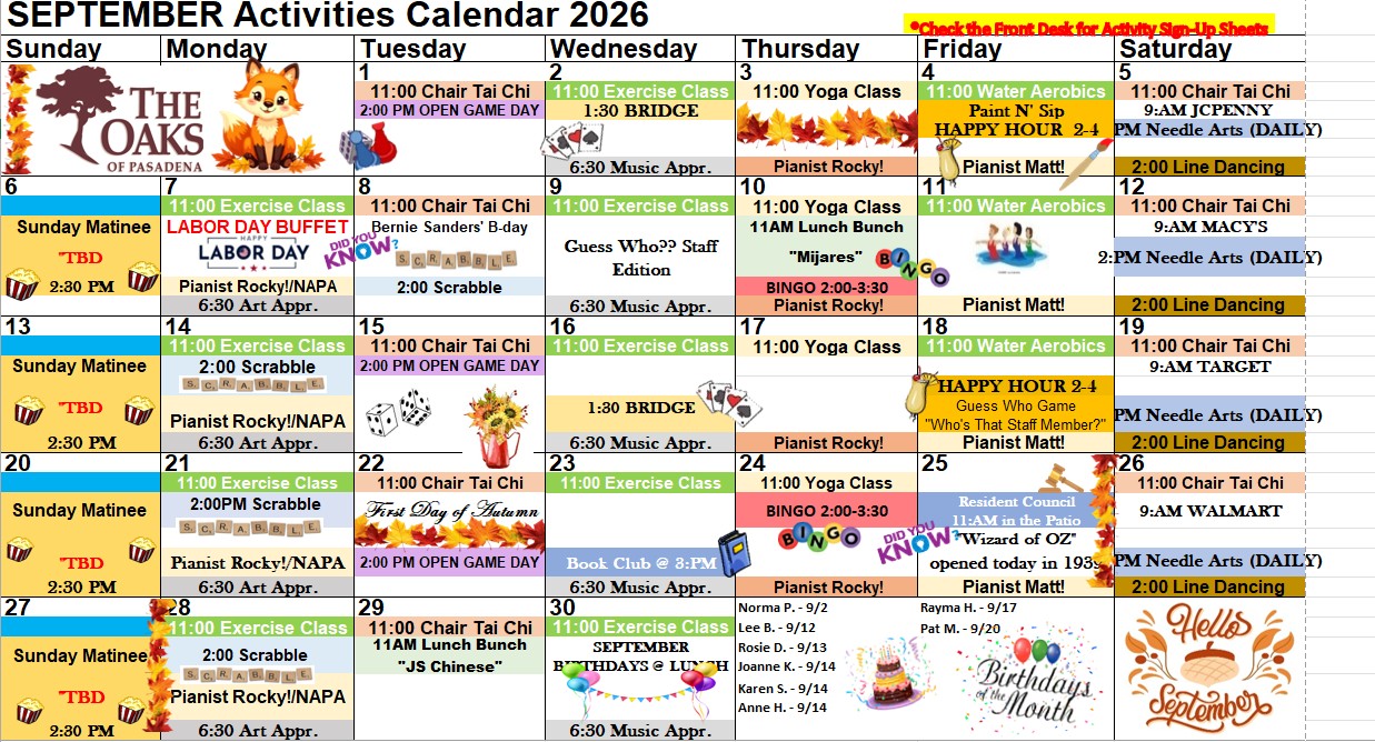 Monthly activities calendar - September - The Oaks of Pasadena Senior Independent Living Monthly activities calendar - September - The Oaks of Pasadena Senior Independent Living