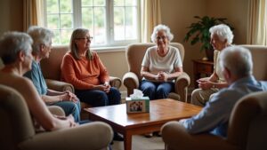 Older adults sitting around a table in a grief support session