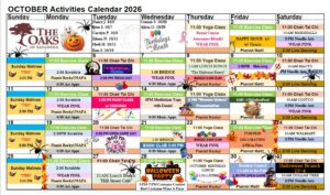 Colorful calendar of events for The Oaks of Pasadena independent living - October 2026